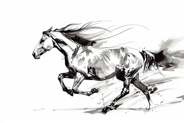墨で描かれた力強く走る馬の水墨画風イラスト