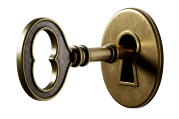 Antique brass key inserted into a vintage keyhole isolated on transparent background