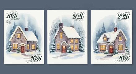 Watercolor Christmas Houses Covered in Snow for the Year 2026 Festive Designs