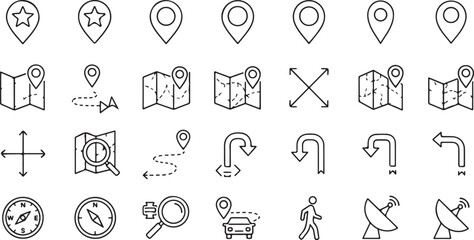 Naklejka premium Black Line Art Navigation and Location Icon Set on White Background