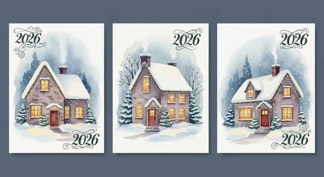 Watercolor Christmas Houses Covered in Snow for the Year 2026 Festive Designs