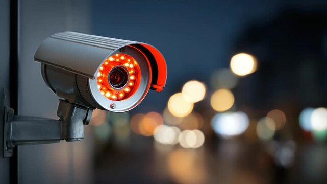 A security camera glows red, mounted on a wall with blurry city lights behind it at night