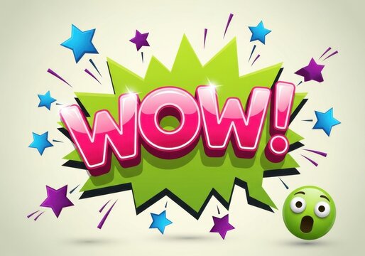 Excited "wow" speech bubble with stars and emoji isolated on white background