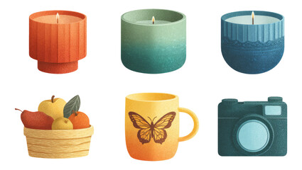Colorful Candle Holders, Fruits, Mug, and Camera Collection on Transparent Background