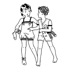 retro sketch of two girls ready for summer play