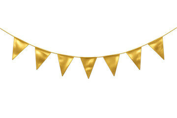 Golden pennant flags hanging on string, creating a festive decorative garland for celebration and party events