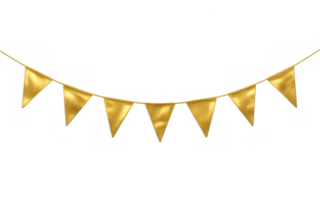 Golden pennant flags hanging on string, creating a festive decorative garland for celebration and party events