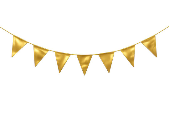Golden pennant flags hanging on string, creating a festive decorative garland for celebration and party events