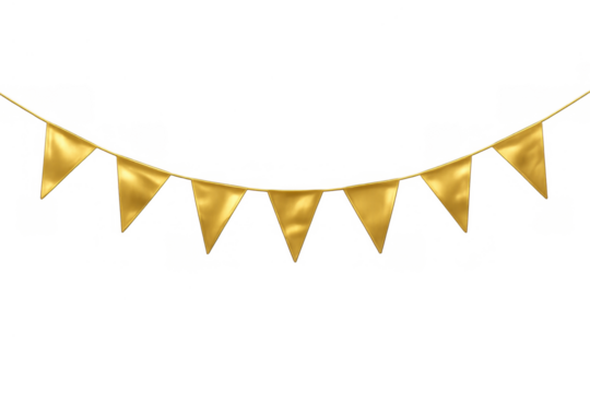 Golden pennant flags hanging on string, creating a festive decorative garland for celebration and party events