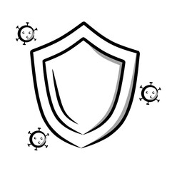 Sketch illustration of a protective shield surrounded by virus particles, drawn in a hand-drawn outline style with minimal shading, symbolizing health defense, safety, and protection from infection 