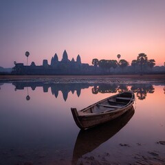 Boat by Temple at Sunrise