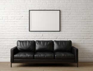 A black leather sofa sits beneath a framed, empty rectangle on a white brick wall