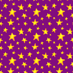 A bright seamless hand-drawn pattern with golden stars on a purple background. Illustration with colored pencils. A child's drawing. For textiles, wallpaper for the children's room or wrapping paper.