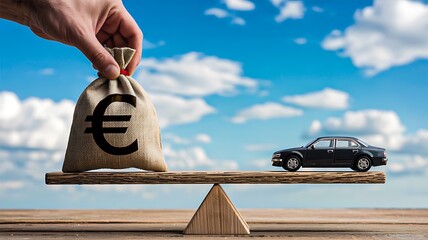 Euro money bag and car balanced on wooden plank symbolizing vehicle value and financial comparison  
