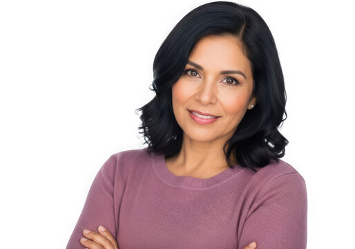 Portrait of a smiling young woman with dark hair wearing a purple top isolated on transparent background