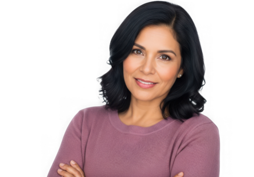Portrait of a smiling young woman with dark hair wearing a purple top isolated on transparent background