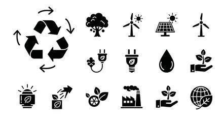 A Collection of Black and White Icons Depicting Ecology and Environmental Concepts