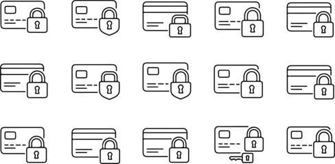 Collection of Black Line Art Payment Card Security and Protection Icons