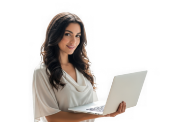 Young woman smiling while holding and using a laptop computer indoors professionally isolated on transparent background