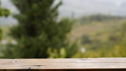 Empty Wooden Surface with a Blurred Natural Background
