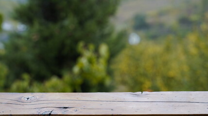 Empty Wooden Surface with a Blurred Natural Background