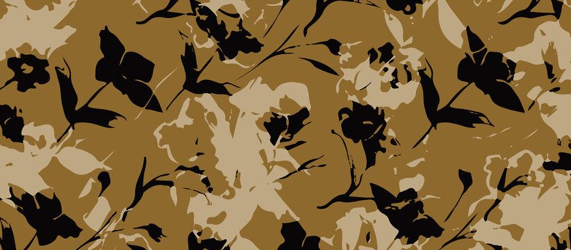Abstract Floral, Scarf, Dupatta, Shawls Pattern with artistic brush strokes in gold, black, and gray tones, perfect for fabric, wallpaper, and decor.	