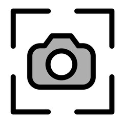 This vector icon depicts a camera lens inside a focus frame- perfect for photography-related apps or websites. It's a clean- simple design ideal for professional use.