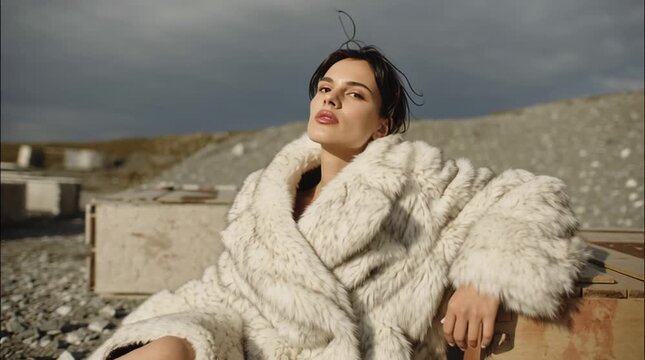 Model posing in an eco fur coat made from advanced biodegradable materials in a modern sustainable fashion shoot