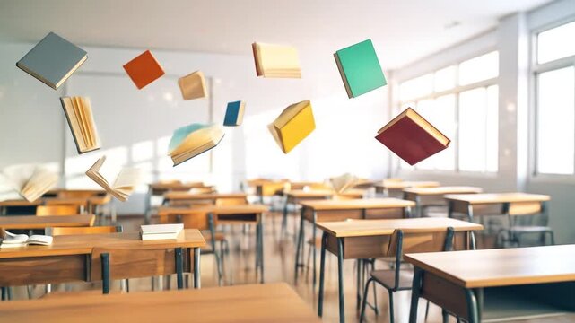 A classroom scene features wooden desks, sunlight, and books floating mid-air, a whimsical composition