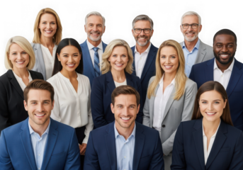 Diverse group of professional business people posing together smiling confidently isolated on transparent background