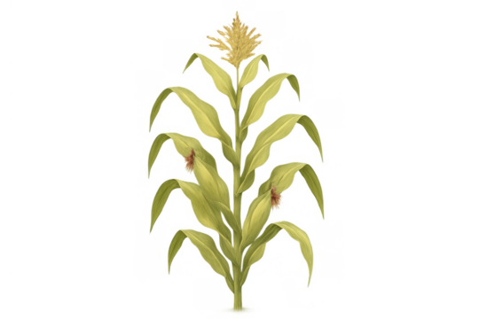 Corn plant growing, showing maize stalk, leaves, and tassel for agriculture and food production