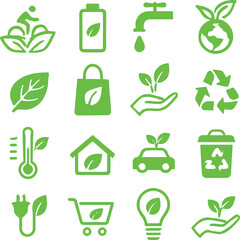 eco icons set with green nature and environment symbols