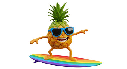 Funny cartoon pineapple wearing sunglasses surfing on a rainbow wave tropical fruit summer vacation mascot