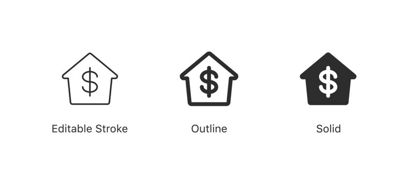 House with dollar sign icon set in editable stroke, outline, and solid styles. for real estate, mortgage, finance, property, investment concepts, value, and home finance