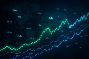 Glowing financial stock market chart with rising trend lines and data numbers on dark digital world map background showing business growth concept. Ai generative