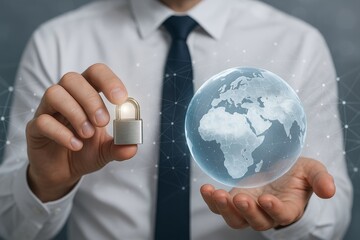 Businessman holding glowing padlock and digital globe representing cybersecurity and global data protection concept on abstract background. Ai generative