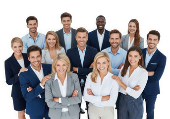 Diverse group of professionals posing together for a corporate team photo isolated on transparent background