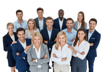 Diverse group of professionals posing together for a corporate team photo isolated on transparent background