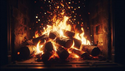 Cozy fireplace with burning logs and glowing embers creates a warm inviting atmosphere perfect for holidays and winter promotions