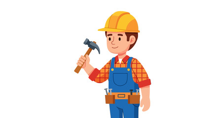 Cartoon construction worker character wearing safety helmet with hammer isolated on white background