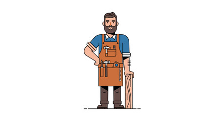 Craftsman with tools in apron and wooden plank presenting woodworking skills product