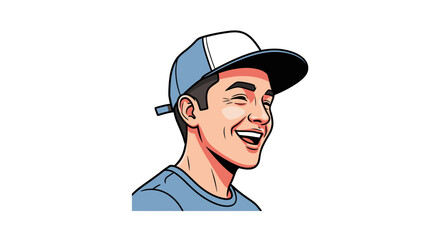 Vibrant cartoon portrait of a young man radiating joy and wearing a baseball cap with a big smile