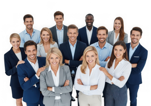 Diverse group of professionals posing together for a corporate team photo isolated on transparent background