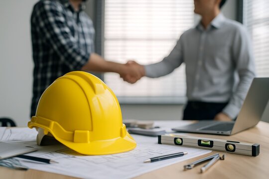 Yellow hard hat on architectural blueprints with two professionals shaking hands in office, symbolizing construction business agreement concept. Ai generative