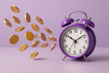 Purple alarm clock with flying gold coins on pastel violet background illustrating concept of time and money in business and financial planning. Ai generative