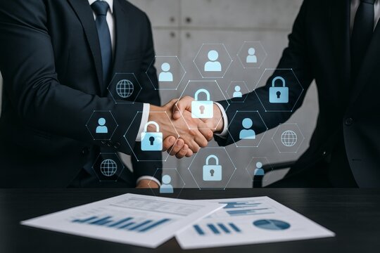 Businessmen handshake with cybersecurity icons overlay symbolizing secure digital partnership and data protection concept in modern business environment. Ai generative