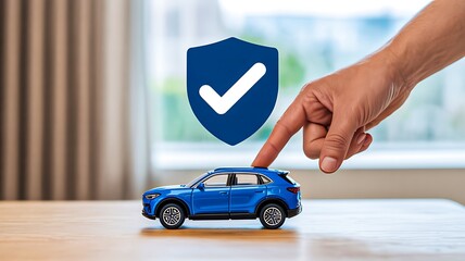 Hand touching blue car with protection shield and check mark symbol for vehicle insurance safety  

