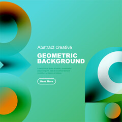 Vibrant abstract design features overlapping circles, gradients. Text promotes geometric background with call to action. Modern, colorful.