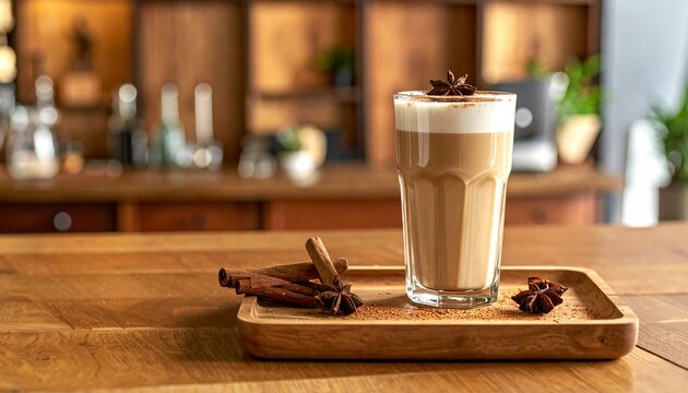 Tall glass of creamy frothy iced chai latte garnished with star anise, surrounded by star anise and cinnamon sticks, cozy aromatic caf&eacute; atmosphere