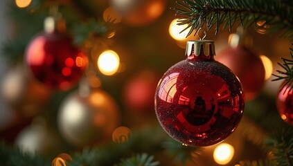 Capture the warm, nostalgic feeling of Christmas with this charming close-up of red ornaments and soft glowing lights, perfect for holiday designs
